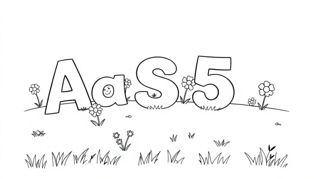 Schwarz-weiße Cartoon-Farbtafel mit den Buchstaben A, a (mit Smiley) und S sowie der Zahl 5 in einer grasbewachsenen Landschaft mit Blumen.