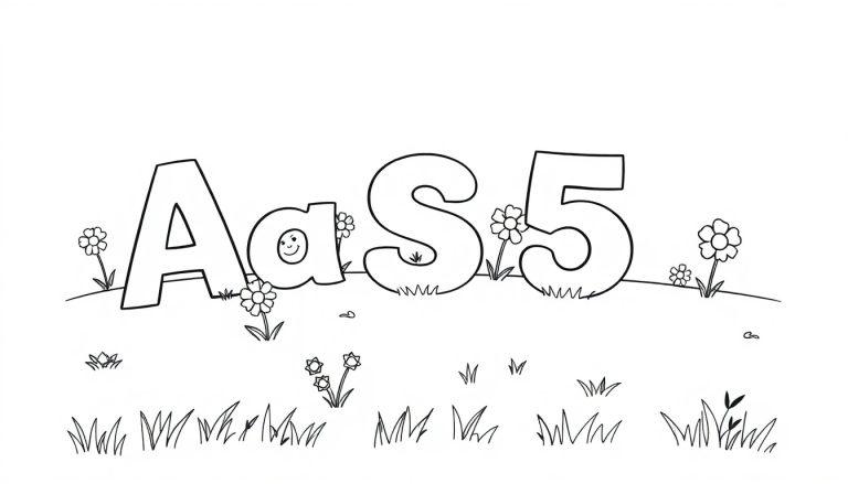 Schwarz-weiße Cartoon-Farbtafel mit den Buchstaben A, a (mit Smiley) und S sowie der Zahl 5 in einer grasbewachsenen Landschaft mit Blumen.