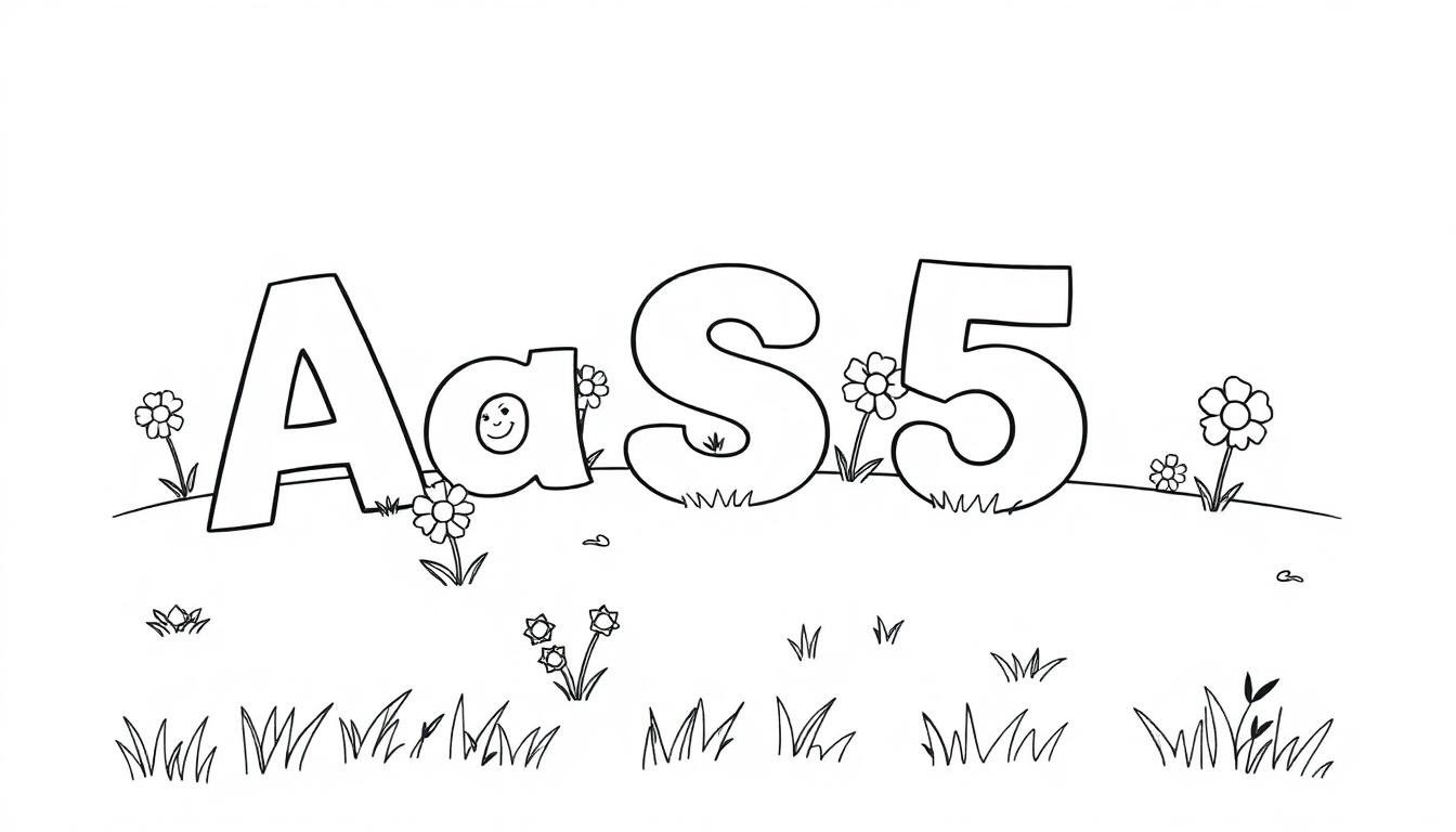 Schwarz-weiße Cartoon-Farbtafel mit den Buchstaben A, a (mit Smiley) und S sowie der Zahl 5 in einer grasbewachsenen Landschaft mit Blumen.