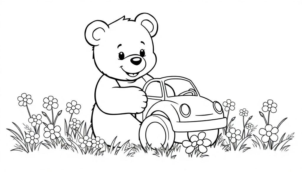 Schwarz-weiße Farbtafel eines Teddybären, der mit einem Spielzeugauto in einer Wiese spielt.