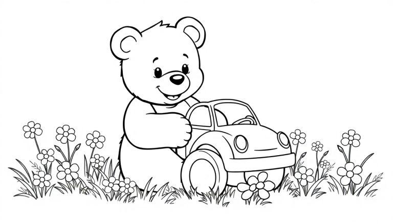 Schwarz-weiße Farbtafel eines Teddybären, der mit einem Spielzeugauto in einer Wiese spielt.