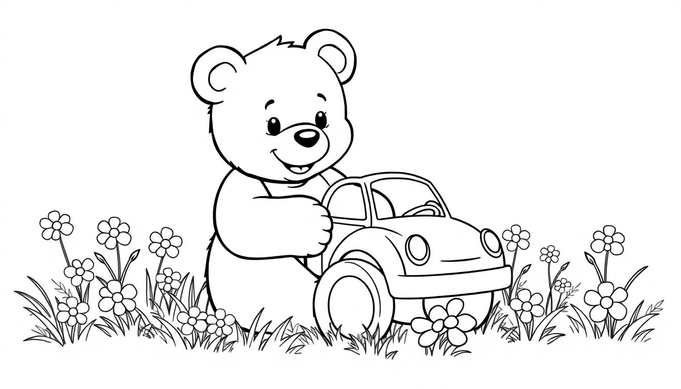 Schwarz-weiße Farbtafel eines Teddybären, der mit einem Spielzeugauto in einer Wiese spielt.