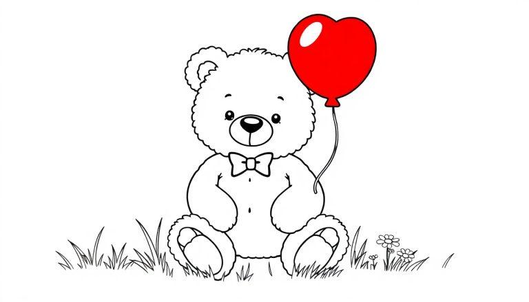 Ein kuscheliger Teddybär sitzt im Gras und hält einen roten Herzballon. Schwarz-weiß Ausmalbild für Kinder.