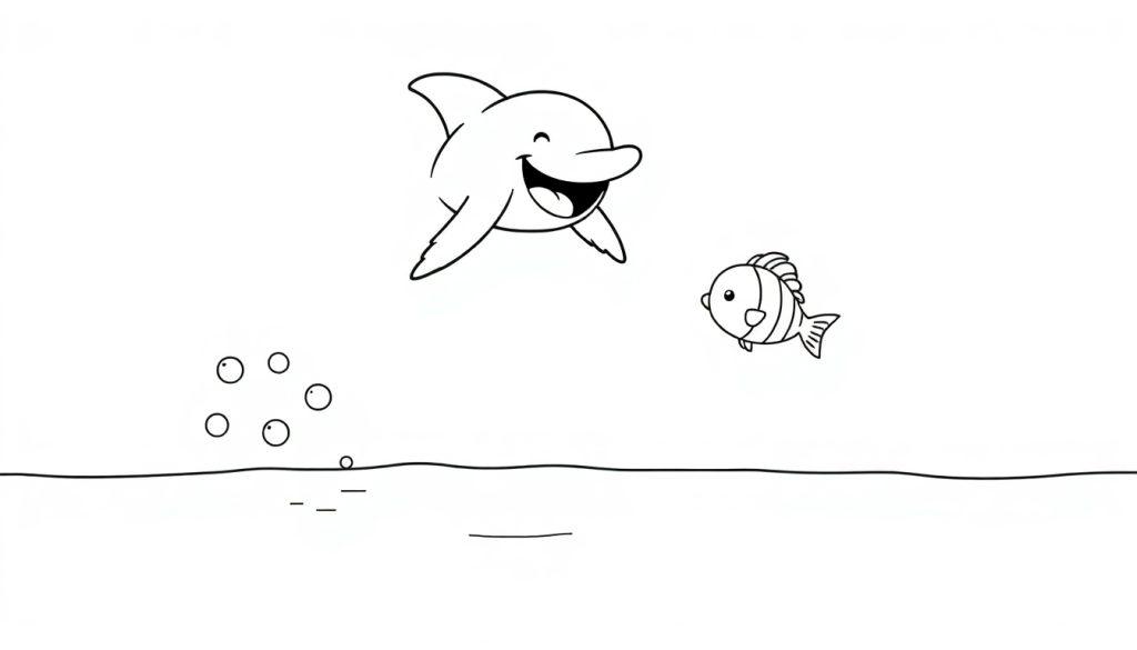 Eine Schwarz-Weiß-Farbtafel: Ein fröhlicher Delfin schwimmt über einem kleinen gestreiften Fisch in einer einfachen Unterwasserlandschaft mit aufsteigenden Blasen.