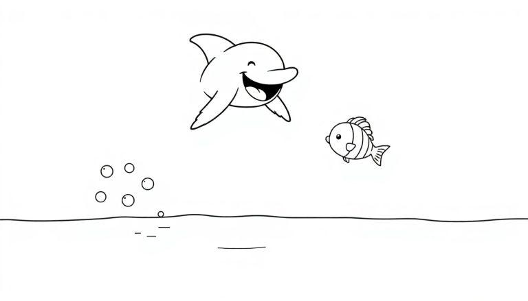 Eine Schwarz-Weiß-Farbtafel: Ein fröhlicher Delfin schwimmt über einem kleinen gestreiften Fisch in einer einfachen Unterwasserlandschaft mit aufsteigenden Blasen.