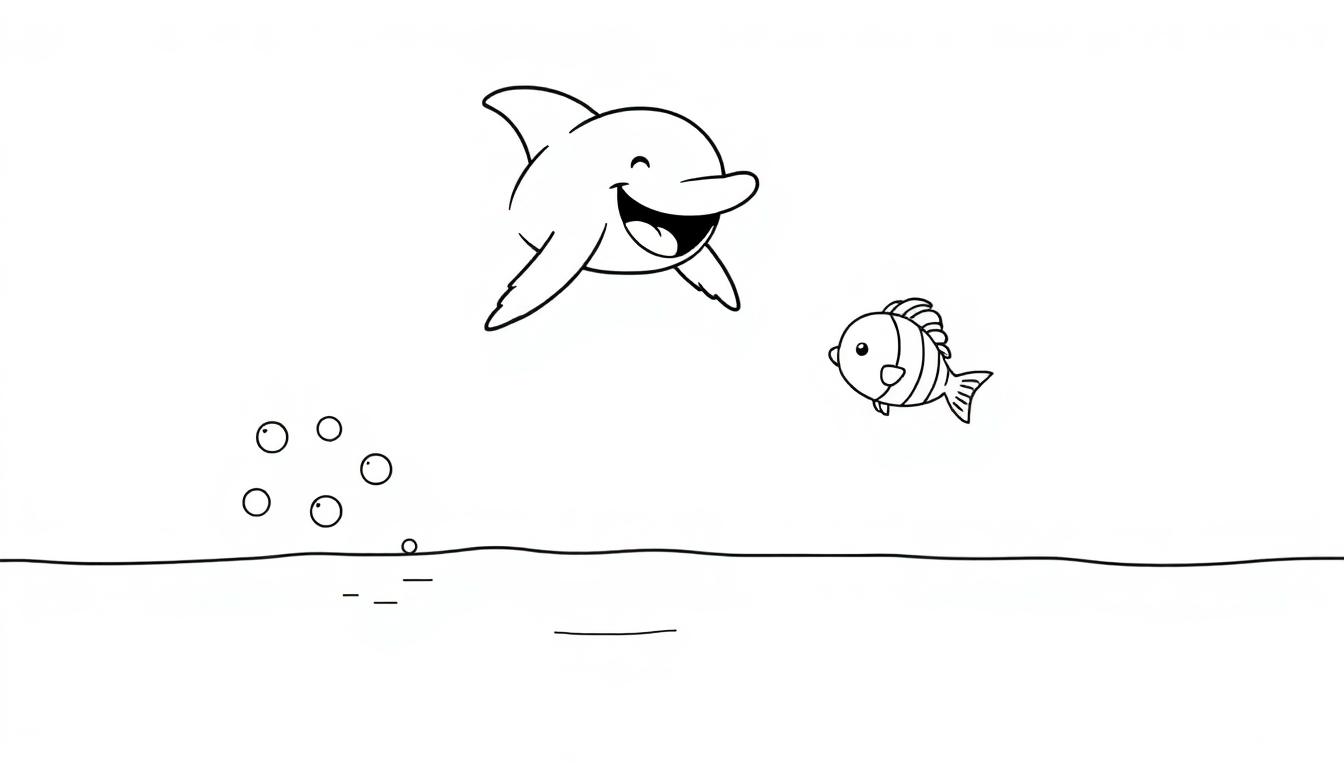 Eine Schwarz-Weiß-Farbtafel: Ein fröhlicher Delfin schwimmt über einem kleinen gestreiften Fisch in einer einfachen Unterwasserlandschaft mit aufsteigenden Blasen.