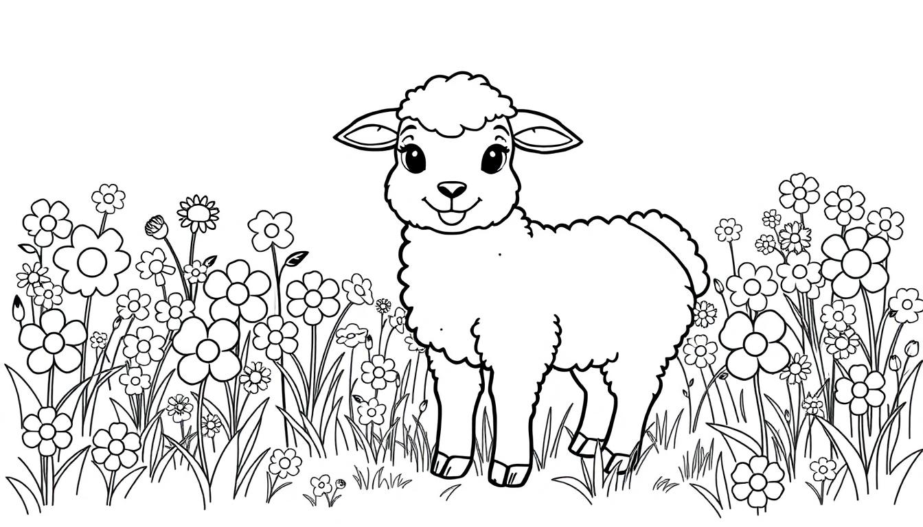 Eine Schwarz-Weiß-Farbtafel eines niedlichen Lamms auf einer Blumenwiese.