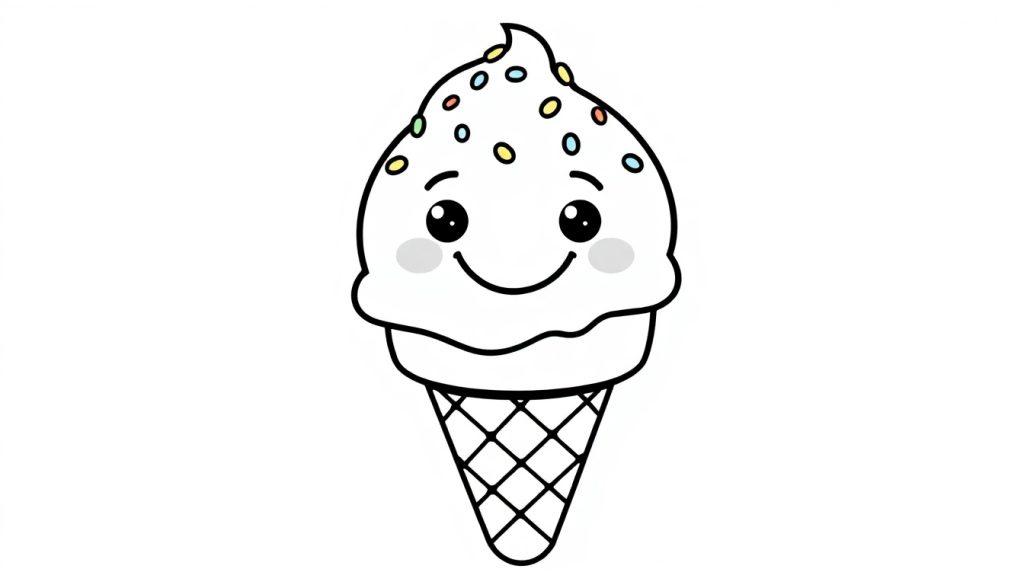 Eine Cartoon-Farbtafel eines freundlichen Eiscremes mit Streuseln in einer Waffeltüte.