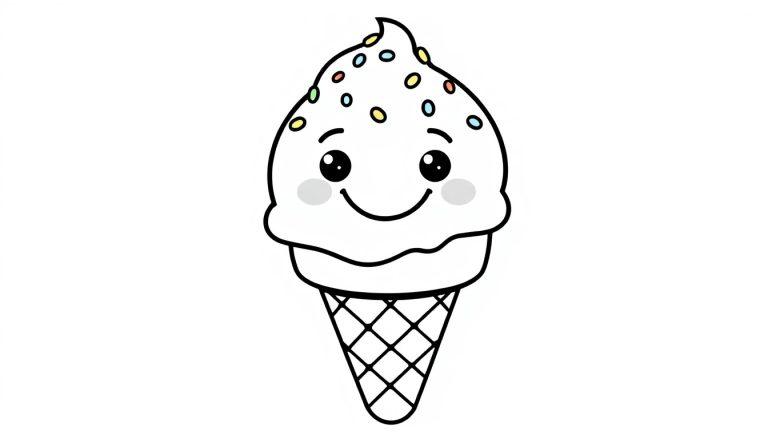 Eine Cartoon-Farbtafel eines freundlichen Eiscremes mit Streuseln in einer Waffeltüte.