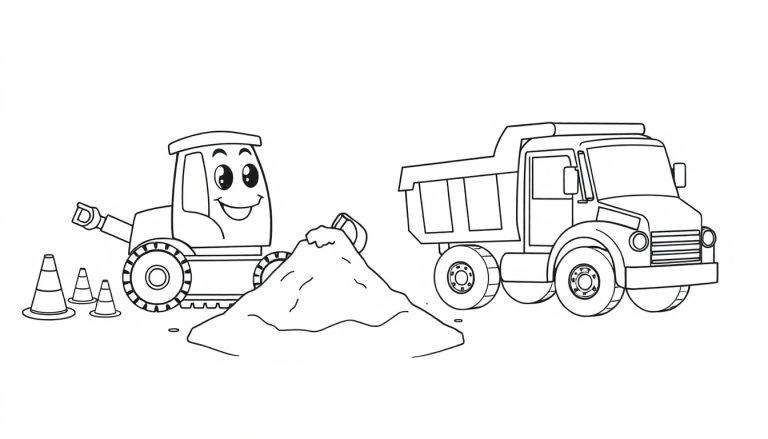 Eine schwarz-weiße Farbtafel einer Baustelle mit einem lächelnden Bulldozer und einem Kipplaster.