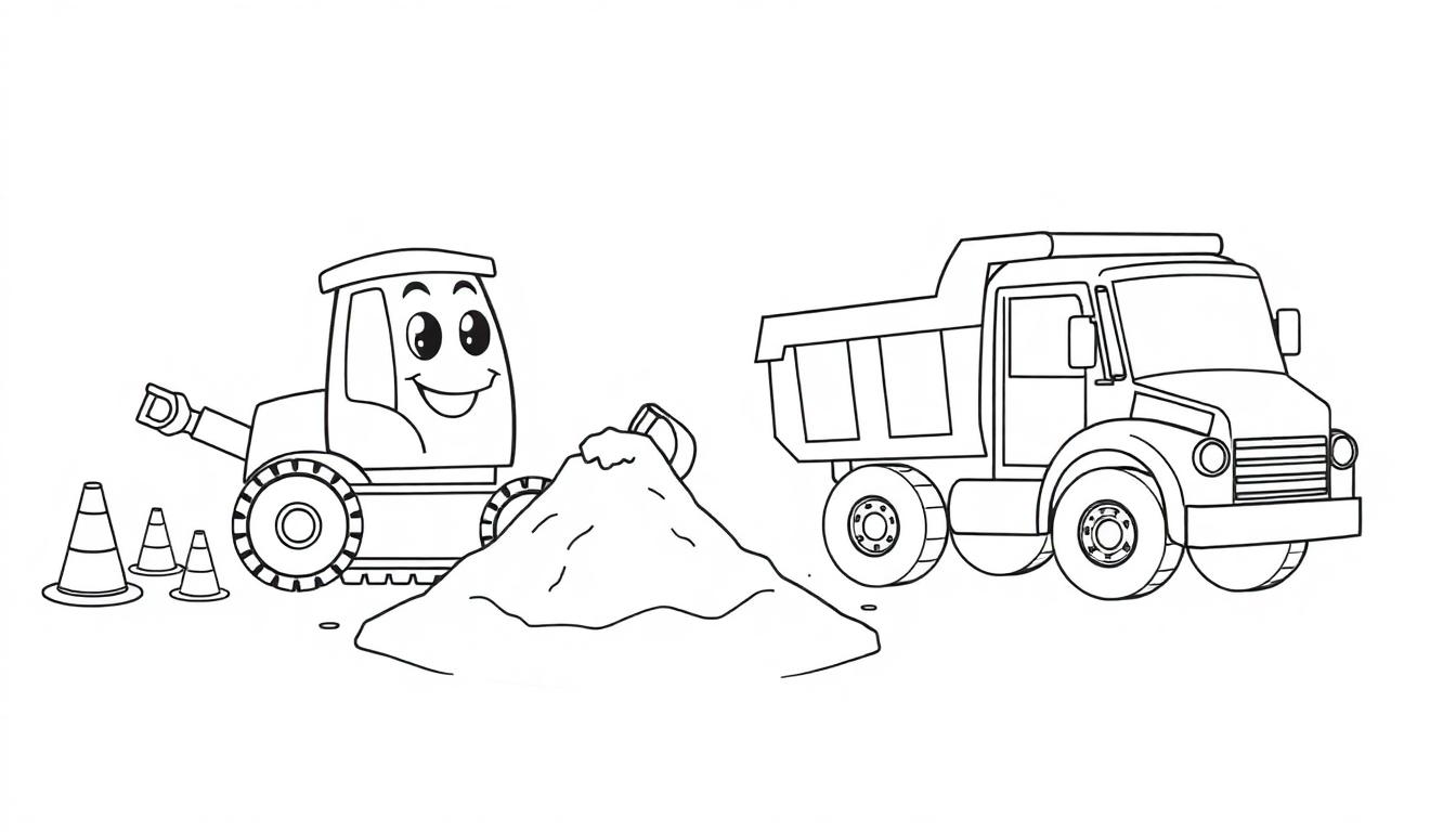 Eine schwarz-weiße Farbtafel einer Baustelle mit einem lächelnden Bulldozer und einem Kipplaster.
