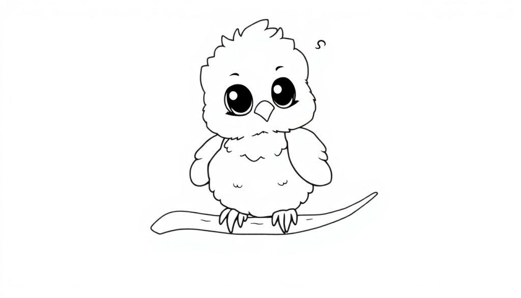 Eine niedliche Schwarz-Weiß-Illustration eines kleinen, flauschigen Vogels mit großen Augen auf einem Ast, bereit für Farbe, ein Entwurf für eine Farbtafel.