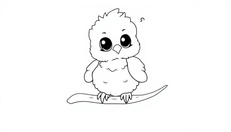 Eine niedliche Schwarz-Weiß-Illustration eines kleinen, flauschigen Vogels mit großen Augen auf einem Ast, bereit für Farbe, ein Entwurf für eine Farbtafel.