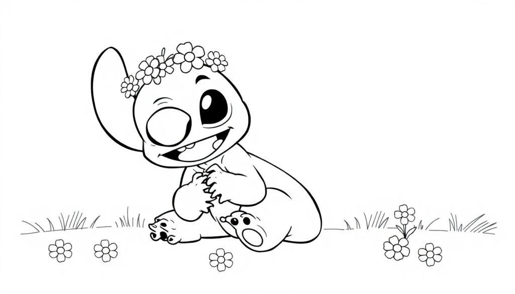 Eine Schwarz-Weiß-Farbtafel von Stitch mit einem Blumenkranz im Haar und einem schelmischen Grinsen.