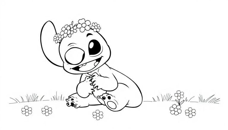 Eine Schwarz-Weiß-Farbtafel von Stitch mit einem Blumenkranz im Haar und einem schelmischen Grinsen.