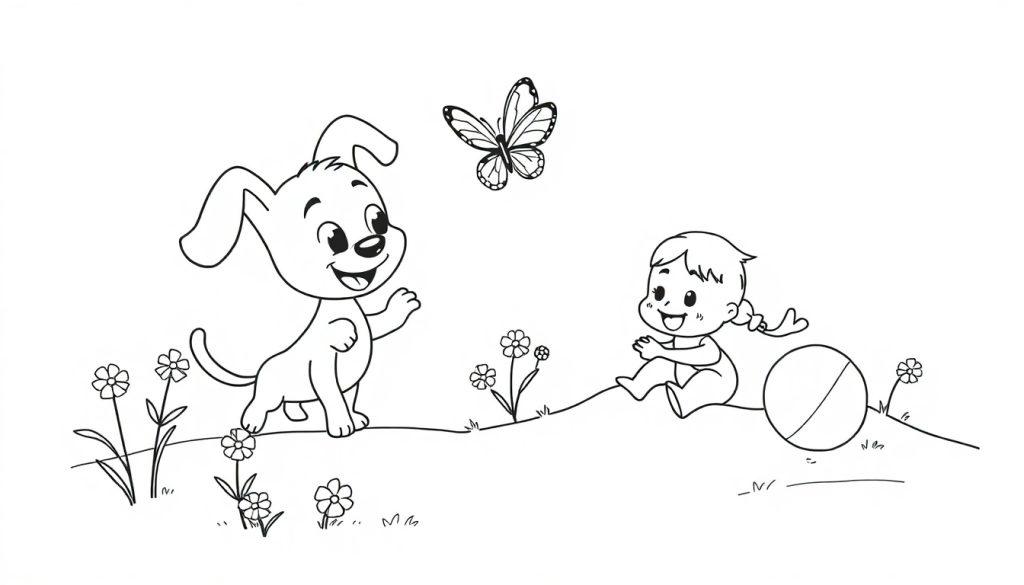 Eine Malvorlage von Bluey und Bingo, die im Garten spielen.
