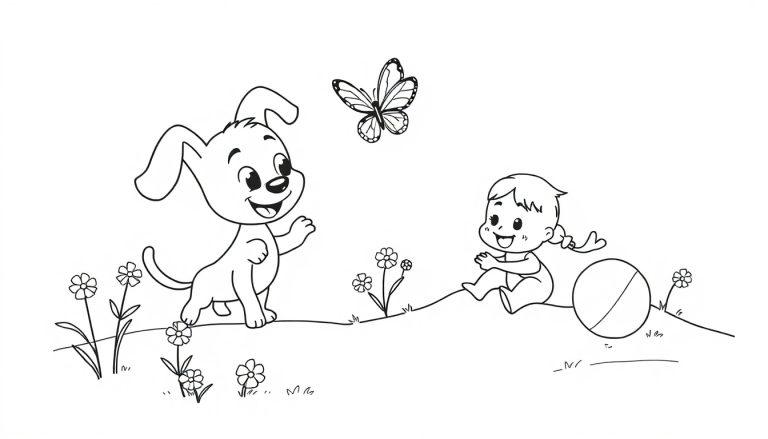 Eine Malvorlage von Bluey und Bingo, die im Garten spielen.