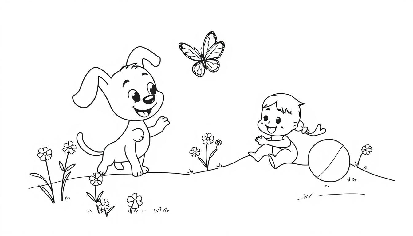 Eine Malvorlage von Bluey und Bingo, die im Garten spielen.