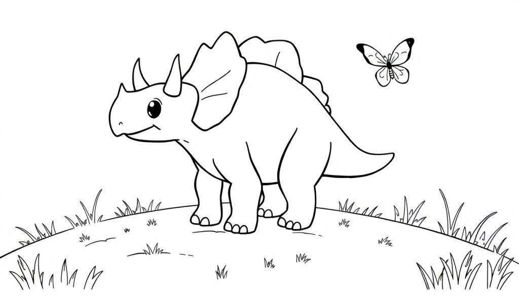 Eine niedliche Cartoon-Farbtafel eines Triceratops auf einem Hügel mit einem Schmetterling.