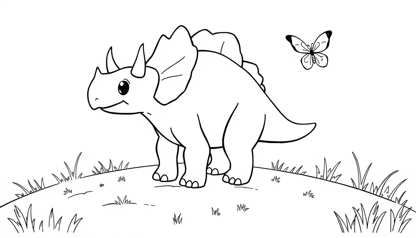 Eine niedliche Cartoon-Farbtafel eines Triceratops auf einem Hügel mit einem Schmetterling.