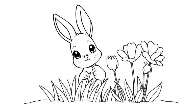 Schwarz-weiße Farbtafel eines niedlichen Kaninchens, das hinter Grashalmen und bunten Blumen hervorlugt, typisch für eine Frühlings-Farbtafel für Kinder.