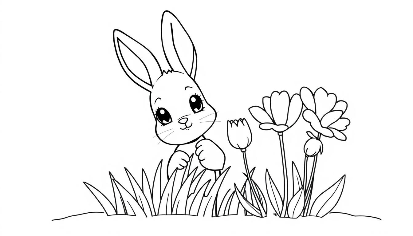 Schwarz-weiße Farbtafel eines niedlichen Kaninchens, das hinter Grashalmen und bunten Blumen hervorlugt, typisch für eine Frühlings-Farbtafel für Kinder.