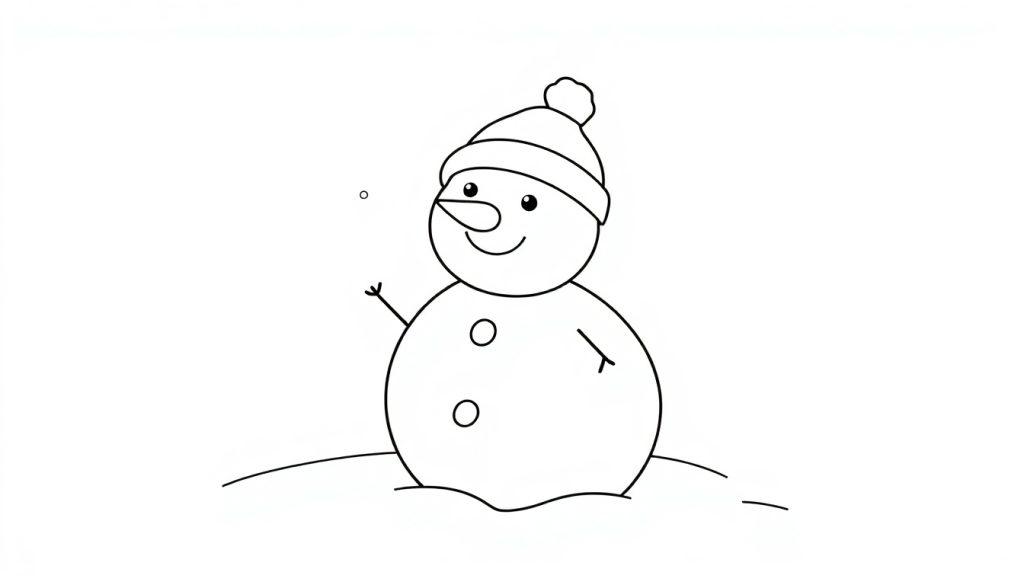 Eine einfache schwarz-weiße Malvorlage eines lächelnden Schneemanns mit einem Hut, Karottennase und zwei Knöpfen auf seinem Bauch, winkend mit einem Arm, vor einem weißen Hintergrund, der durch ein paar Schneeflocken angedeutet wird.