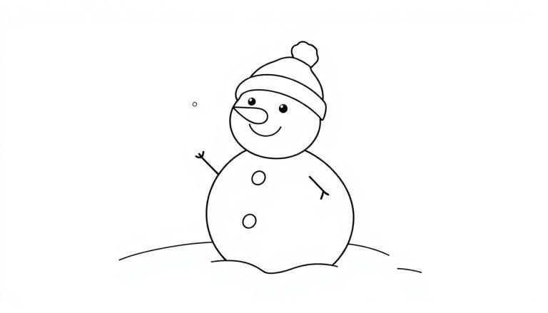 Eine einfache schwarz-weiße Malvorlage eines lächelnden Schneemanns mit einem Hut, Karottennase und zwei Knöpfen auf seinem Bauch, winkend mit einem Arm, vor einem weißen Hintergrund, der durch ein paar Schneeflocken angedeutet wird.