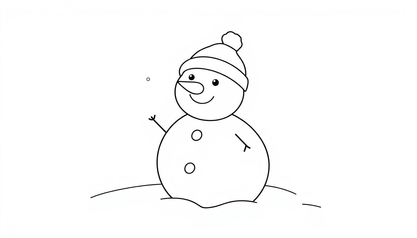 Eine einfache schwarz-weiße Malvorlage eines lächelnden Schneemanns mit einem Hut, Karottennase und zwei Knöpfen auf seinem Bauch, winkend mit einem Arm, vor einem weißen Hintergrund, der durch ein paar Schneeflocken angedeutet wird.