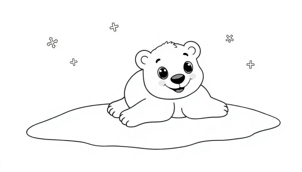 Eine schwarz-weiße Farbtafel-Zeichnung eines süßen Eisbärenjungen, das lächelnd auf einer Eisscholle liegt.
