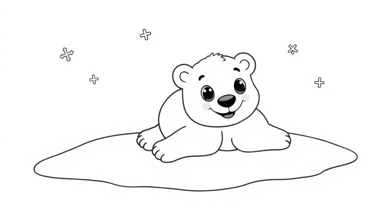 Eine schwarz-weiße Farbtafel-Zeichnung eines süßen Eisbärenjungen, das lächelnd auf einer Eisscholle liegt.