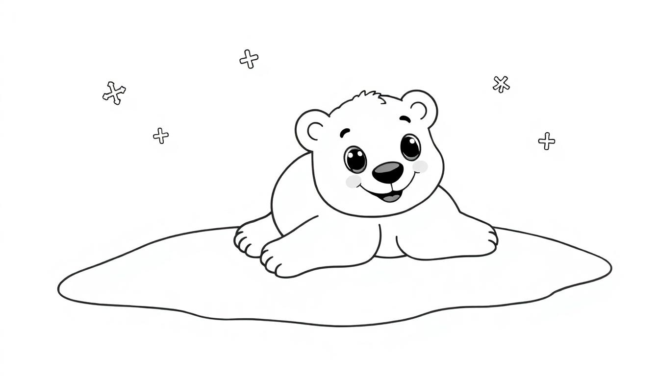 Eine schwarz-weiße Farbtafel-Zeichnung eines süßen Eisbärenjungen, das lächelnd auf einer Eisscholle liegt.