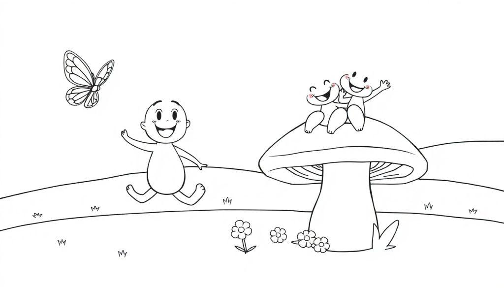 Farbtafel: Eine fröhliche Cartoonfigur mit ausgestreckten Armen läuft über eine Wiese, daneben ein Schmetterling. Rechts sitzt eine andere kleine Figur auf einem großen Pilz, neben Blumen.