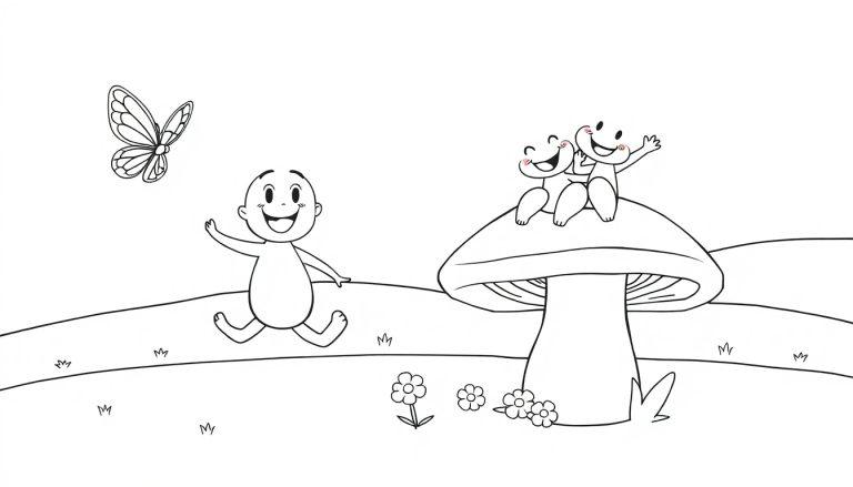 Farbtafel: Eine fröhliche Cartoonfigur mit ausgestreckten Armen läuft über eine Wiese, daneben ein Schmetterling. Rechts sitzt eine andere kleine Figur auf einem großen Pilz, neben Blumen.