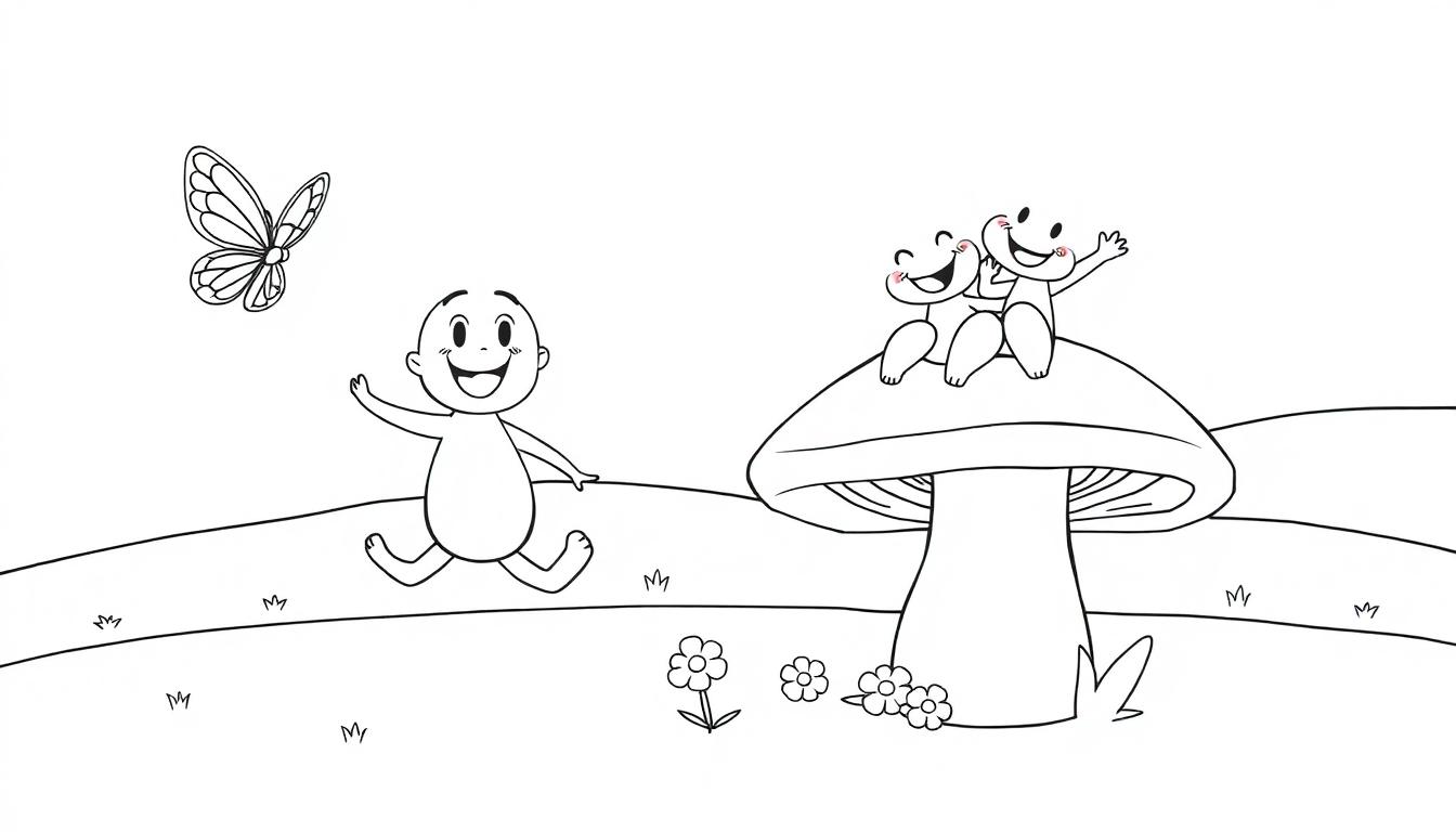 Farbtafel: Eine fröhliche Cartoonfigur mit ausgestreckten Armen läuft über eine Wiese, daneben ein Schmetterling. Rechts sitzt eine andere kleine Figur auf einem großen Pilz, neben Blumen.