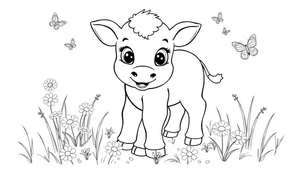 Niedliches Kalb auf einer Blumenwiese, Schwarz-Weiß-Farbtafel.
