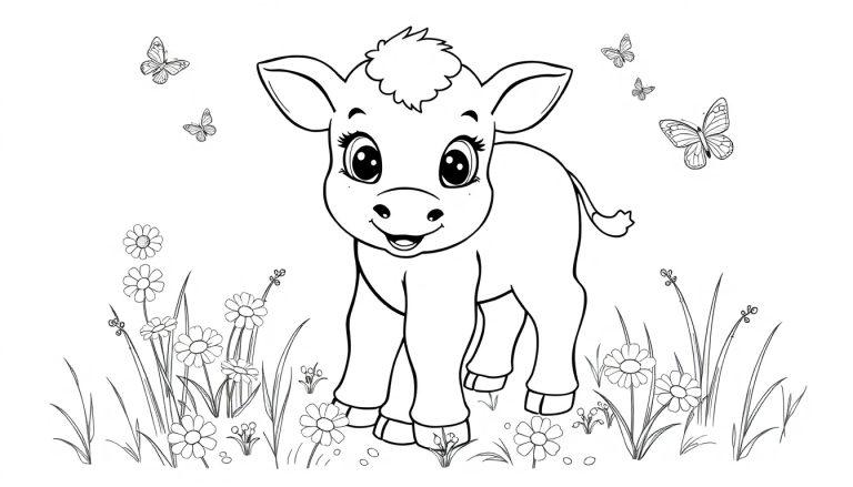 Niedliches Kalb auf einer Blumenwiese, Schwarz-Weiß-Farbtafel.