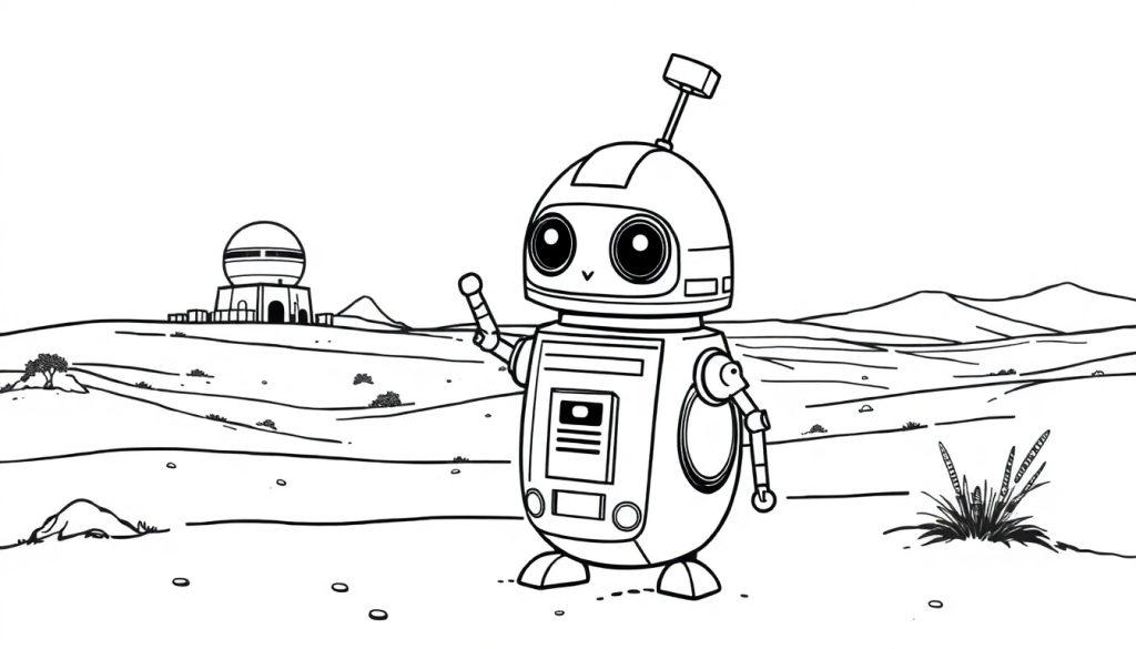 Schwarz-Weiß-Farbtafel-Zeichnung eines niedlichen Cartoon-Roboters, der auf Tatooine winkt.