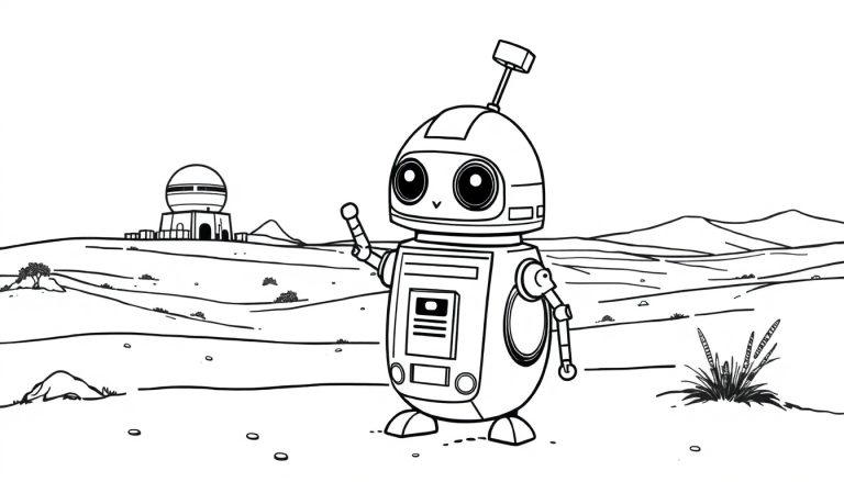 Schwarz-Weiß-Farbtafel-Zeichnung eines niedlichen Cartoon-Roboters, der auf Tatooine winkt.