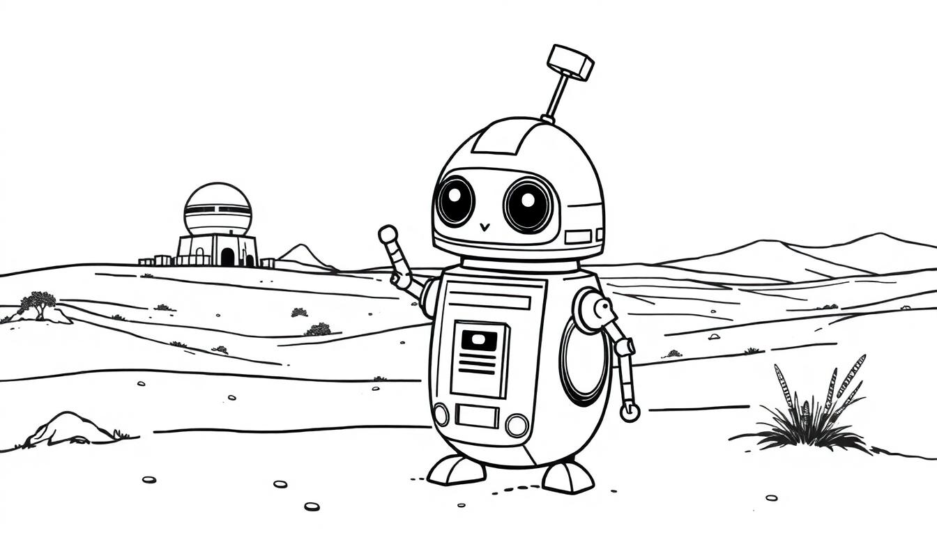 Schwarz-Weiß-Farbtafel-Zeichnung eines niedlichen Cartoon-Roboters, der auf Tatooine winkt.