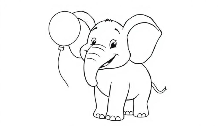Eine niedliche Farbtafel eines lächelnden Elefanten, der einen kleinen Ballon hält.