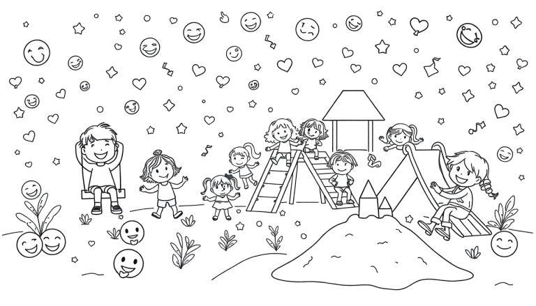 Eine farbtafel-Illustration eines lebhaften Spielplatzes mit spielenden Kindern.
