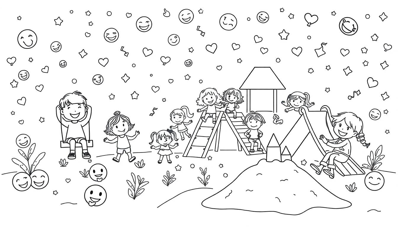 Eine farbtafel-Illustration eines lebhaften Spielplatzes mit spielenden Kindern.