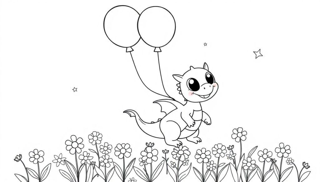 Schwarz-weiße Farbtafel eines niedlichen Babydrachens, der von zwei Ballons über einer Blumenwiese gehalten wird, mit Sternen im Himmel.