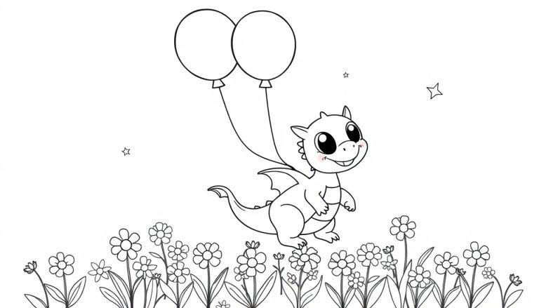 Schwarz-weiße Farbtafel eines niedlichen Babydrachens, der von zwei Ballons über einer Blumenwiese gehalten wird, mit Sternen im Himmel.