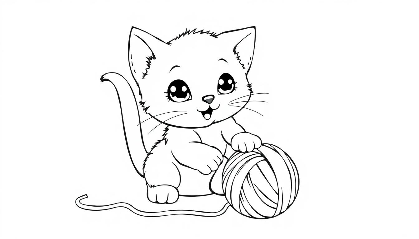Schwarz-Weiß-Farbtafel einer niedlichen Cartoon-Katze, die mit einem Wollknäuel spielt.