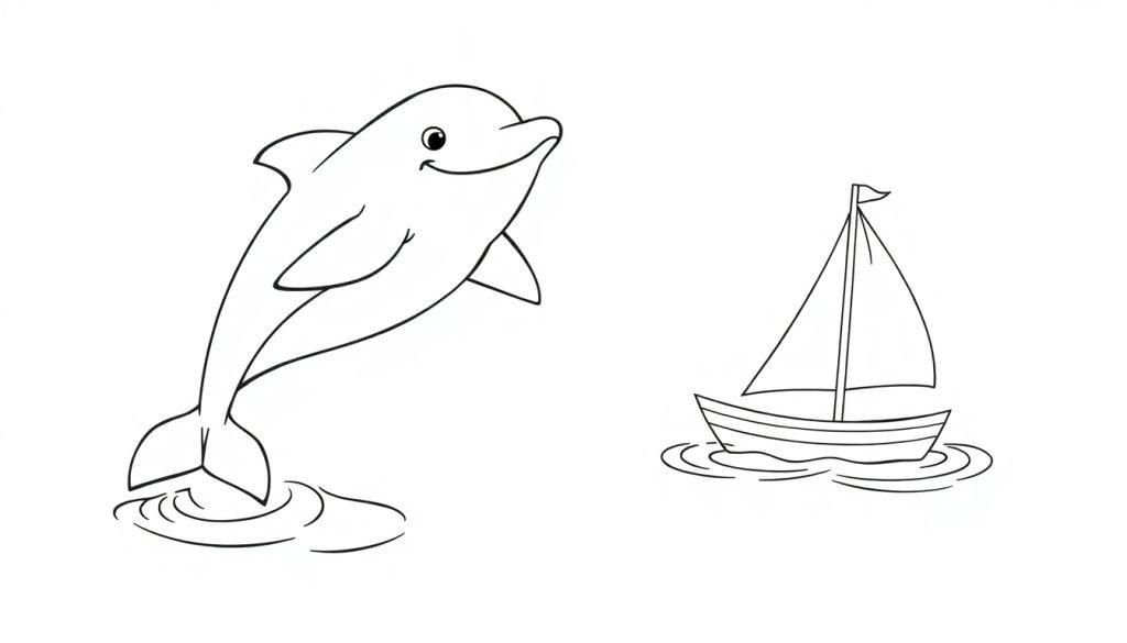 Schwarz-weiße Farbtafel: Ein lächelnder Delfin springt aus dem Wasser neben einem Segelboot.