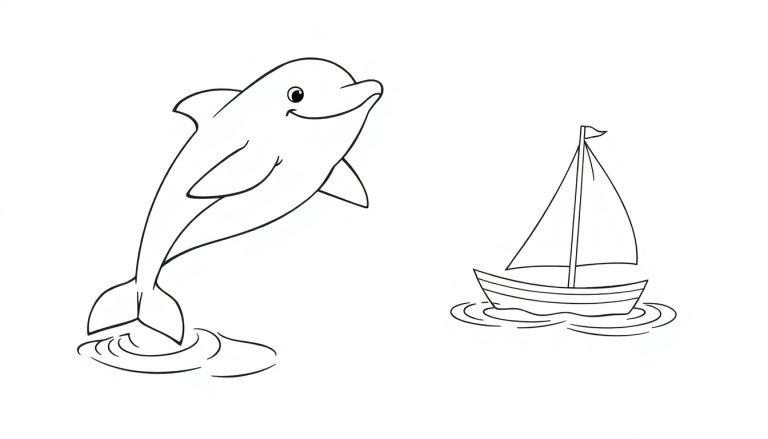 Schwarz-weiße Farbtafel: Ein lächelnder Delfin springt aus dem Wasser neben einem Segelboot.