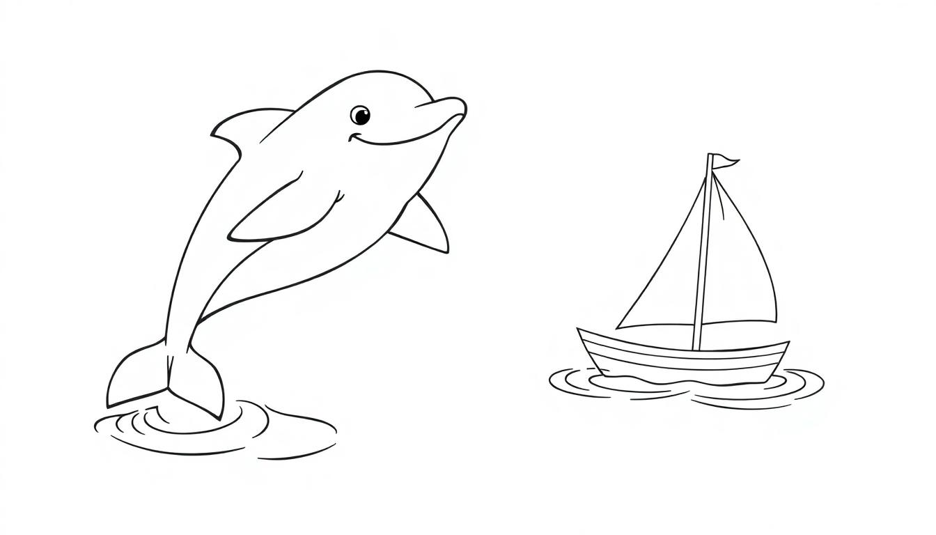 Schwarz-weiße Farbtafel: Ein lächelnder Delfin springt aus dem Wasser neben einem Segelboot.