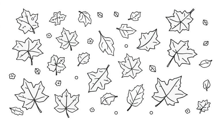 Eine schwarz-weiße Farbtafel von Herbstblättern zum Ausmalen.
